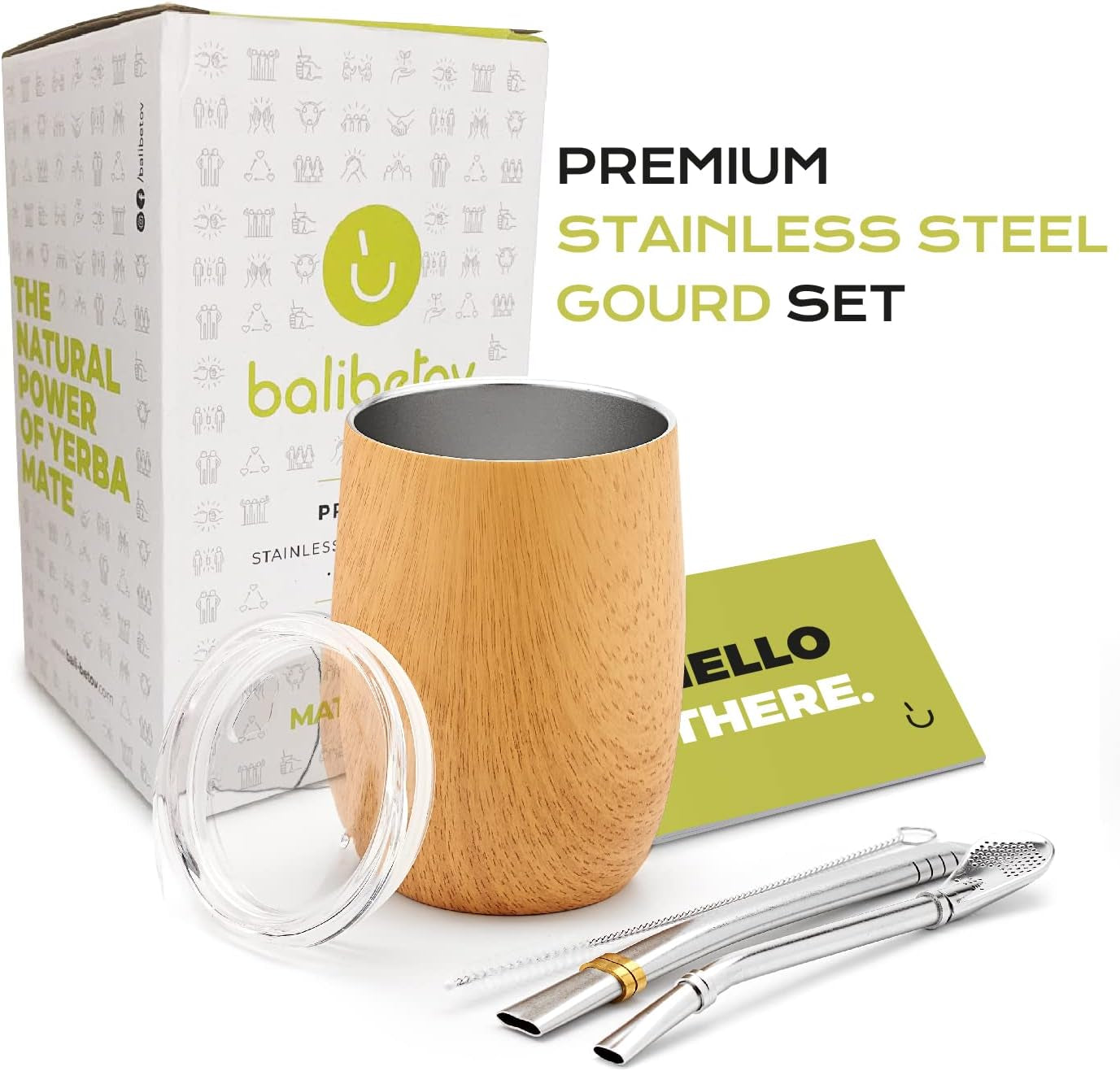 5 Pcs Large Yerba Mate Cup and Bombilla Kit, Includes One 12 Oz Yerba Mate Gourd with Lid, Two Bombillas Mate Straw and One Cleaning Brush | Stainless Steel | Double Walled