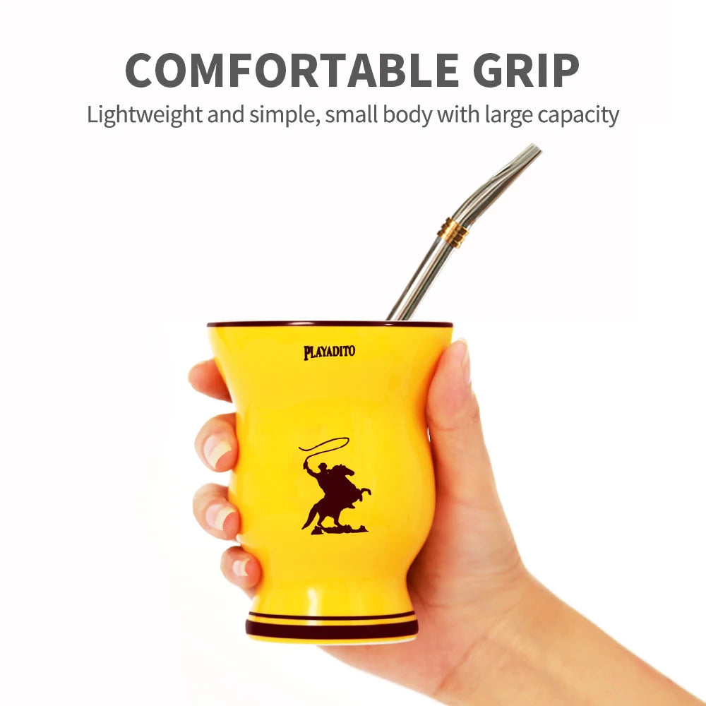 Yerba Mate Ceramic Cups with Straw, Traditional Argentine Style on Horseback, Argentina Gourds, Stainless Steel Mug, 200ml