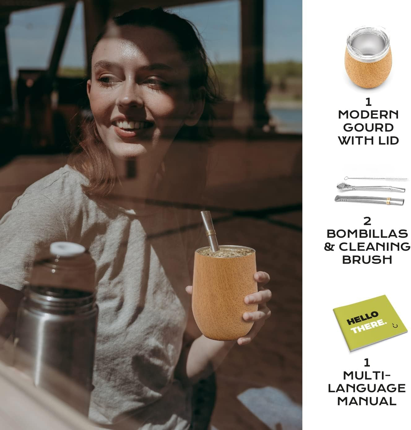 5 Pcs Large Yerba Mate Cup and Bombilla Kit, Includes One 12 Oz Yerba Mate Gourd with Lid, Two Bombillas Mate Straw and One Cleaning Brush | Stainless Steel | Double Walled