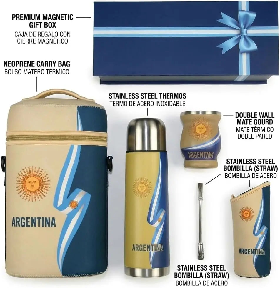 Complete Argentine Yerba Mate Kit with Insulated Bottle, Gourd, Bombilla & Gift Box