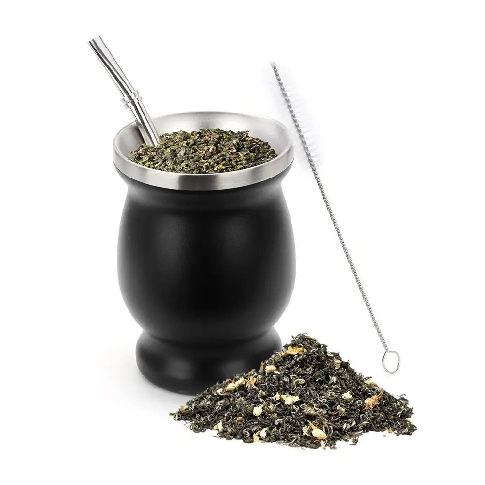 8oz Yerba Mate Gourd Set Yerba Mate Cup Bombilla Mate Straw and Cleaning Brush Stainless Steel Double-Wall Easy to Clean