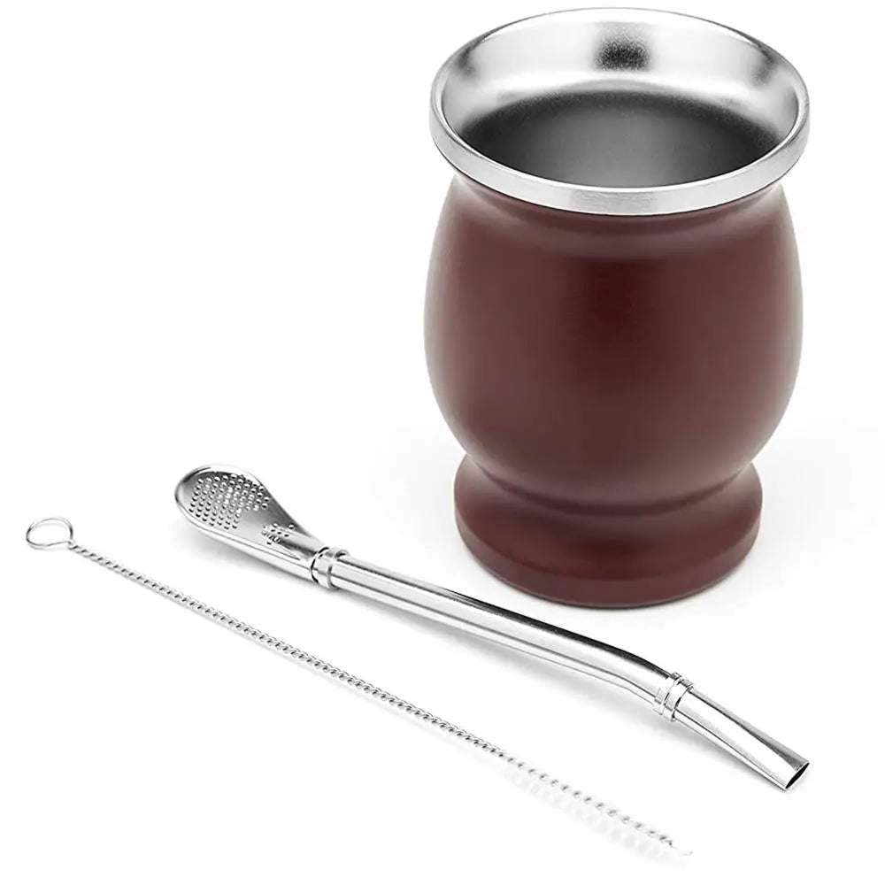 8oz Yerba Mate Gourd Set Yerba Mate Cup Bombilla Mate Straw and Cleaning Brush Stainless Steel Double-Wall Easy to Clean