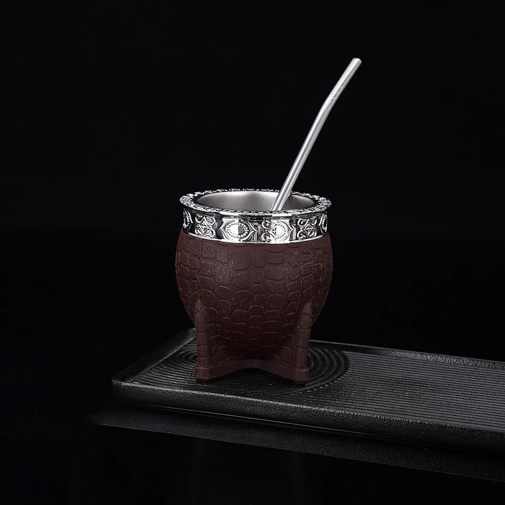 Premium Handmade Leather-Wrapped 180ml Yerba Mate Tea Cup Argentina Uruguay Style with Bombilla Traditional Mate Cup Set