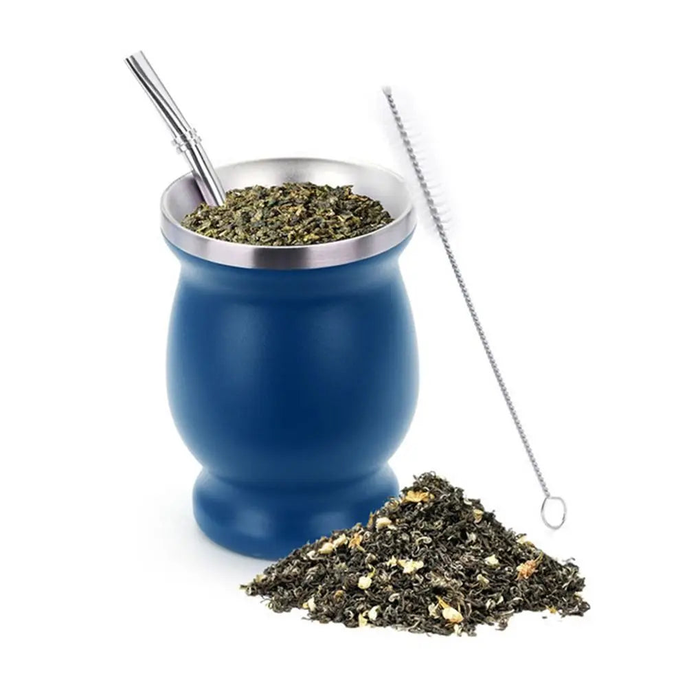 8oz Yerba Mate Gourd Set Yerba Mate Cup Bombilla Mate Straw and Cleaning Brush Stainless Steel Double-Wall Easy to Clean