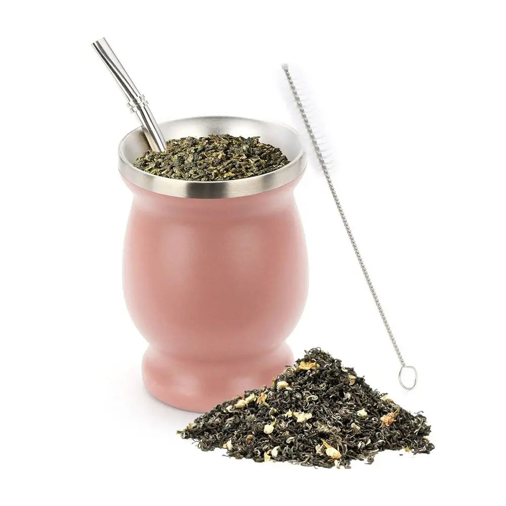 8oz Yerba Mate Gourd Set Yerba Mate Cup Bombilla Mate Straw and Cleaning Brush Stainless Steel Double-Wall Easy to Clean