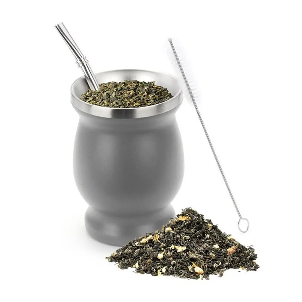 8oz Yerba Mate Gourd Set Yerba Mate Cup Bombilla Mate Straw and Cleaning Brush Stainless Steel Double-Wall Easy to Clean