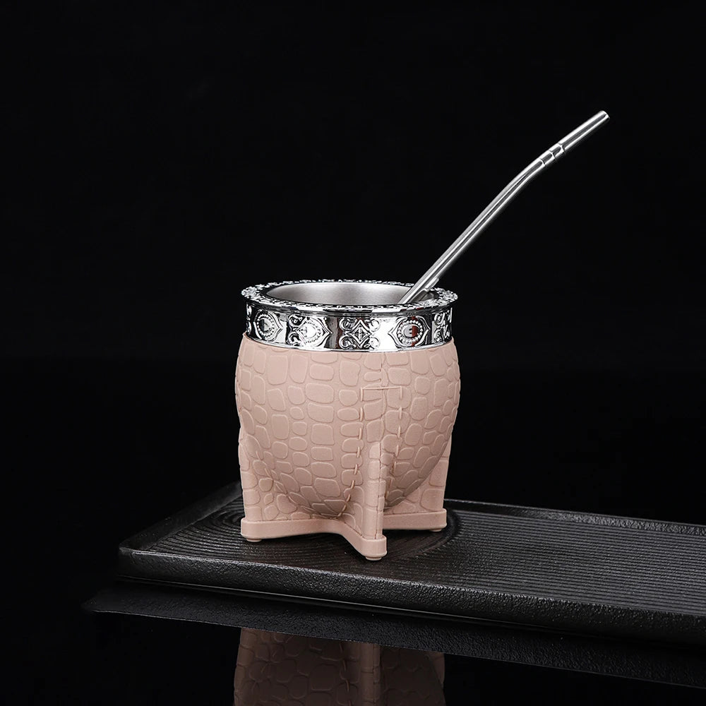 Premium Handmade Leather-Wrapped 180ml Yerba Mate Tea Cup Argentina Uruguay Style with Bombilla Traditional Mate Cup Set