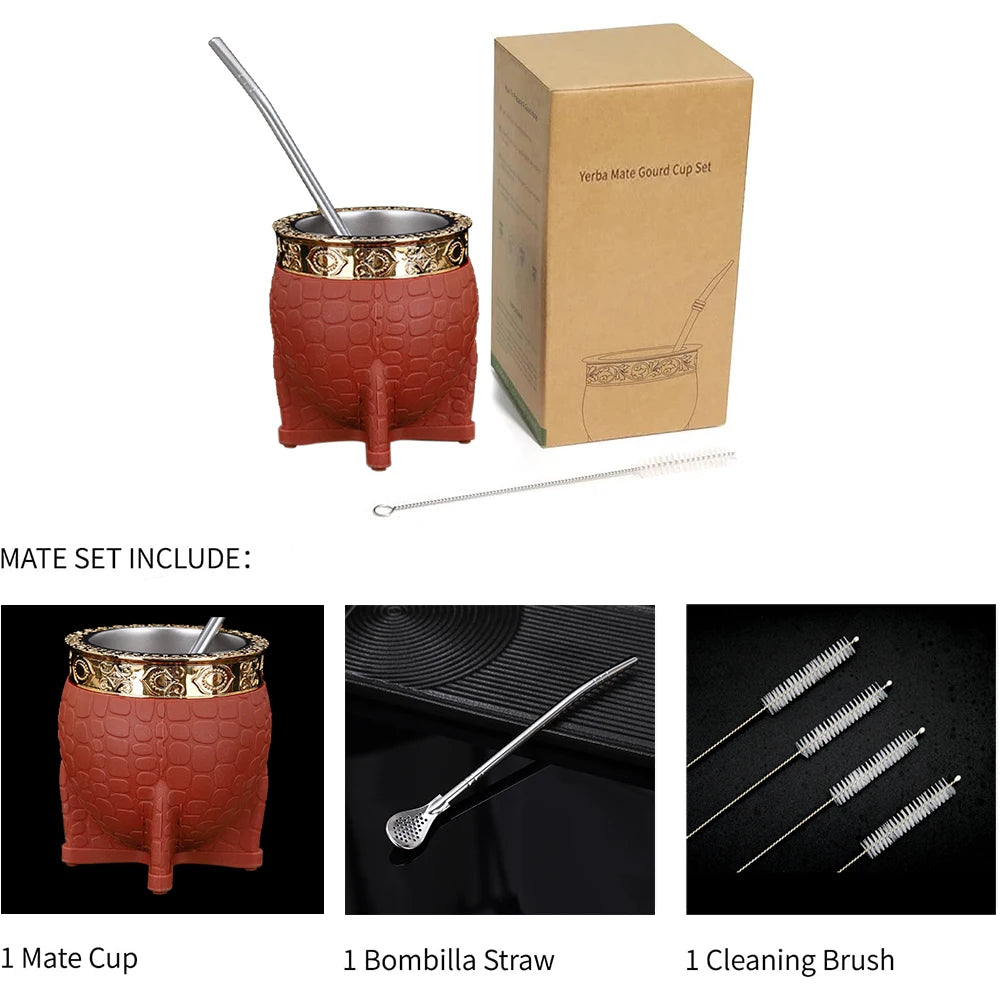 Premium Handmade Leather-Wrapped 180ml Yerba Mate Tea Cup Argentina Uruguay Style with Bombilla Traditional Mate Cup Set