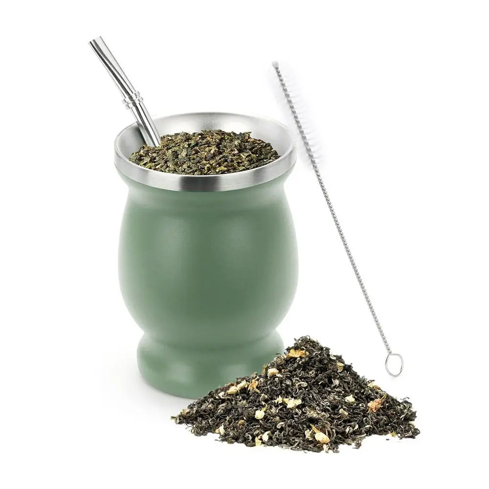 8oz Yerba Mate Gourd Set Yerba Mate Cup Bombilla Mate Straw and Cleaning Brush Stainless Steel Double-Wall Easy to Clean