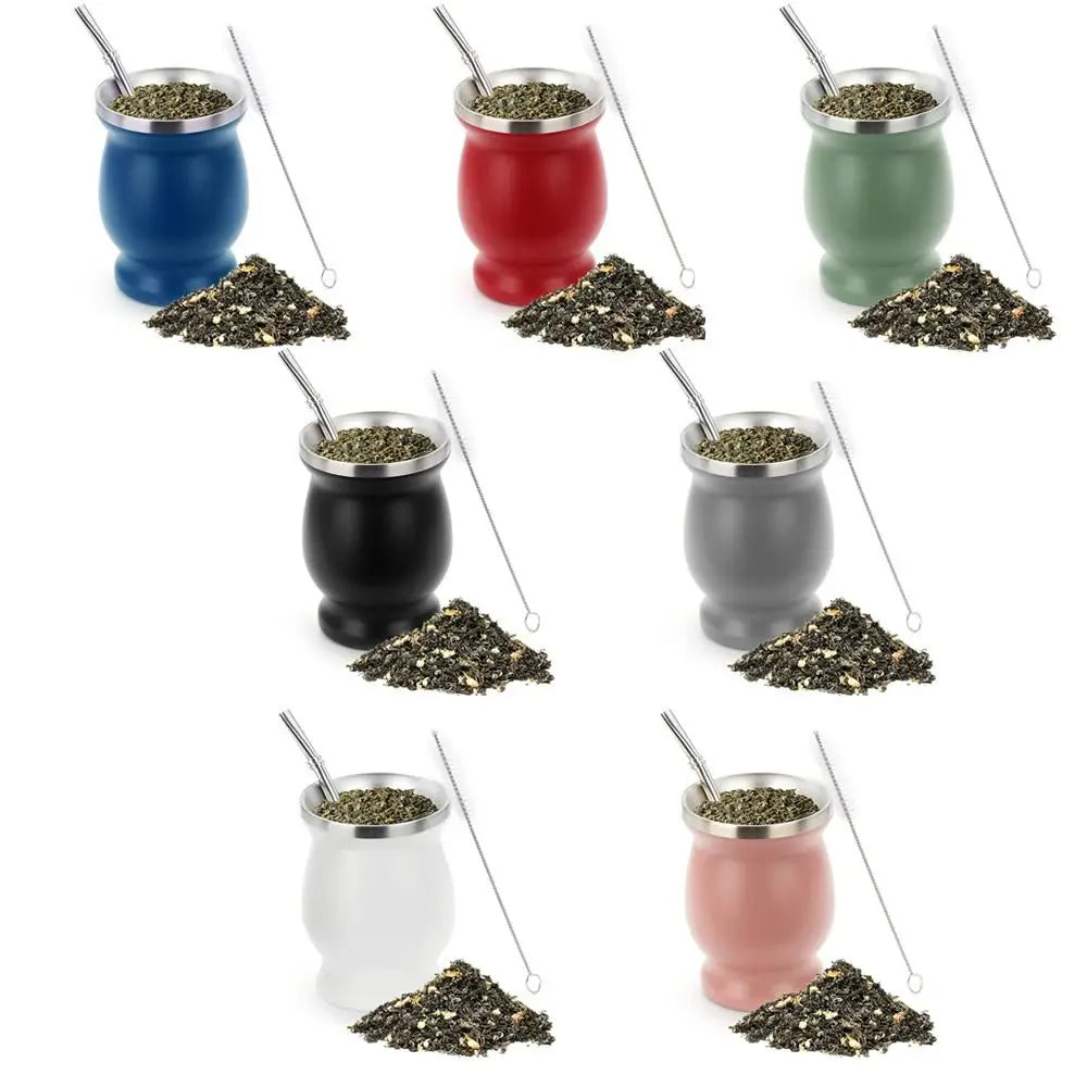 8oz Yerba Mate Gourd Set Yerba Mate Cup Bombilla Mate Straw and Cleaning Brush Stainless Steel Double-Wall Easy to Clean
